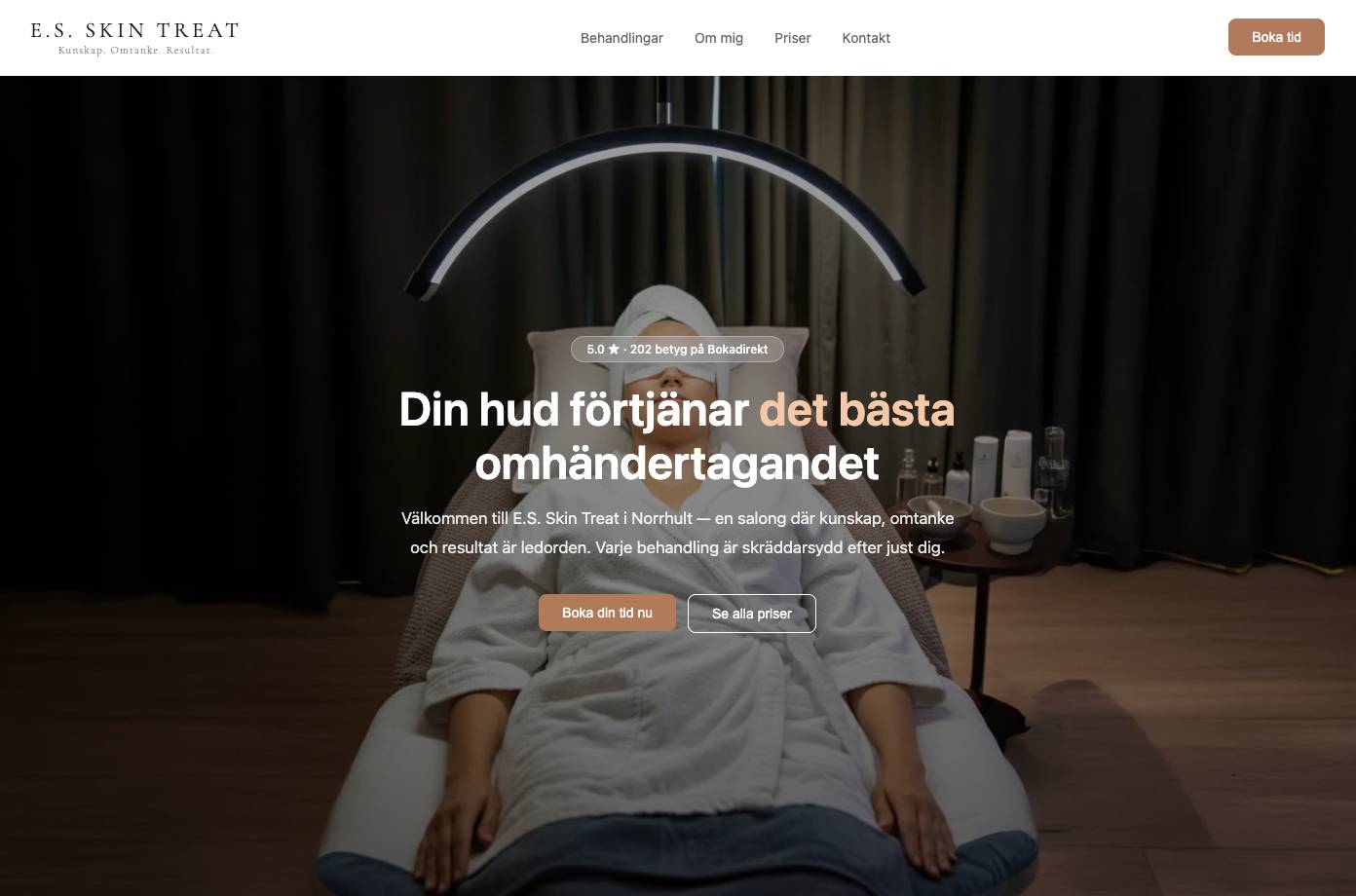 Skärmbild av E.S. Skin Treat webbplats